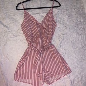 Striped self belted wrap romper